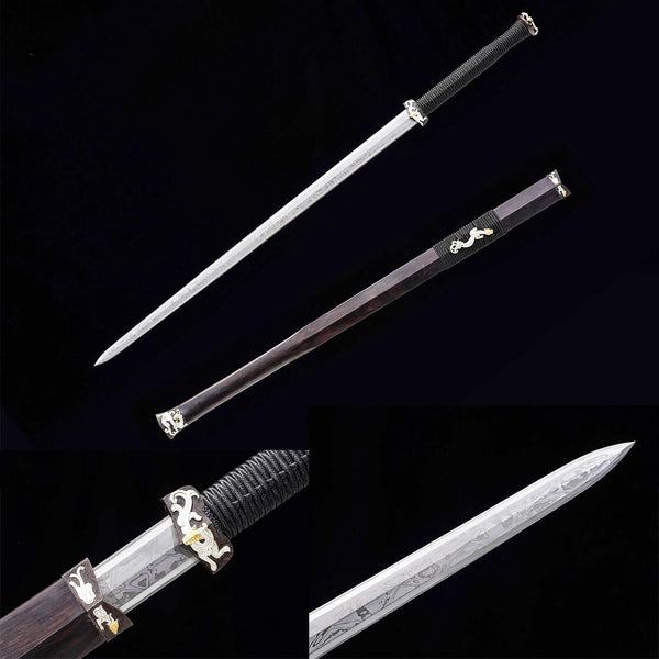 Épée traditionnelle chinoise faite à la main Boutique épée en acier inoxydable damas croix Grain cuivre sculpture doré argent Draketiger DTC15