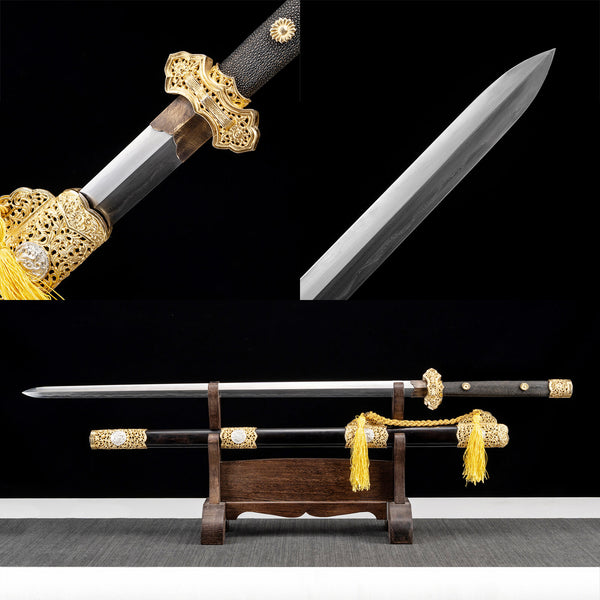 Handmade Chinese Traditional Sword Pattern Steel Feather Pattern Ebony Sheath Gold And Silver Assembly Four Beast Sword TZC02