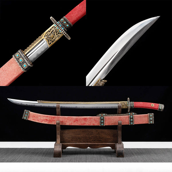 Handmade Chinese Traditional Sword Pattern Steel Pearl Fish Skin Qianlong Sword ZYTC01