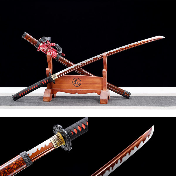 Handmade Japanese Samurai Katana High Manganese Steel Red and Black Mixed Color Big Lacquer Sheath Black Dragon HWK24