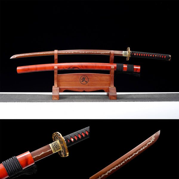 Handmade Japanese Samurai Katana High Manganese Steel Wrap Rope Sky Evil Spirits Red HWK74