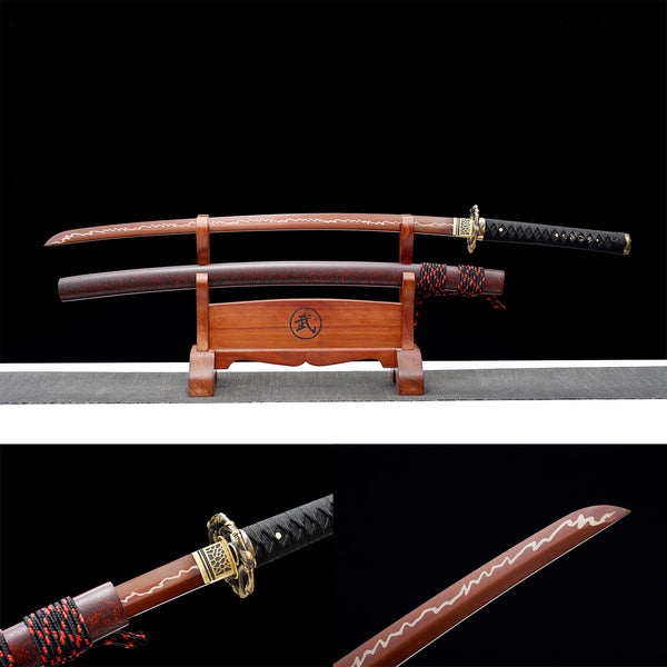 Handmade Japanese Samurai Katana High Performance Manganese Steel Solid Wood Paint Sheath Red Snake HWK09