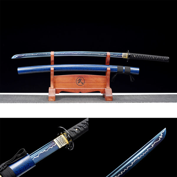 Handmade Japanese Samurai Katana High-performance Carbon Steel Baked Blue Thunder Pattern Blue Ling HWK40