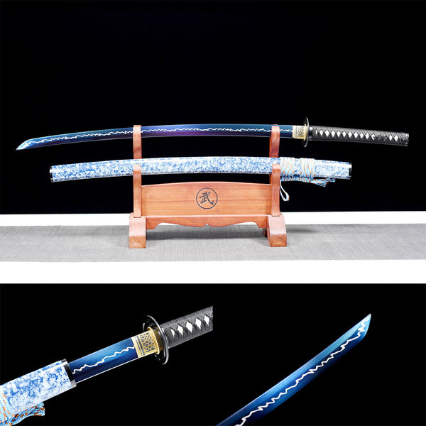 Handmade Japanese Samurai Katana High-performance Manganese Steel Baked Blue Thunder Pattern Lightning HWK41