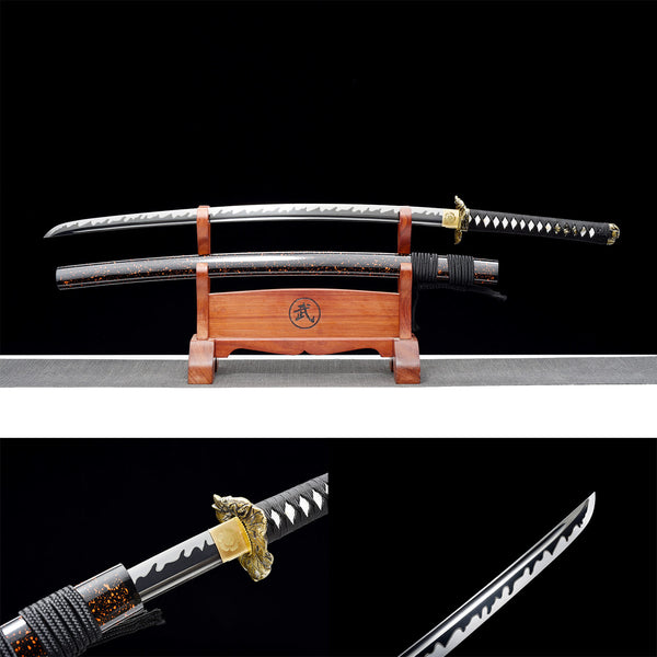 Handmade Japanese Samurai Katana Manganese Steel Double Line Flame Grain Golden Toad HWK31