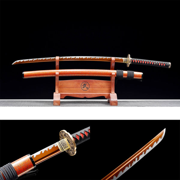 Handmade Japanese Samurai Katana Manganese Steel Double line flame pattern Golden Sago HWK33