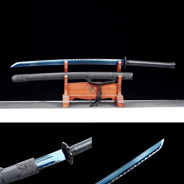 Handmade Japanese Samurai Katana Manganese Steel Solid Wood With PU Leather Spring Knife Night Charm HWK72