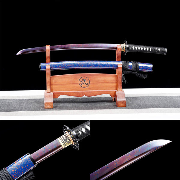 Handmade Japanese Samurai Katana Pattern Steel Baked Blue Twist Solid Wood Rope the Vault of Heaven HWK07