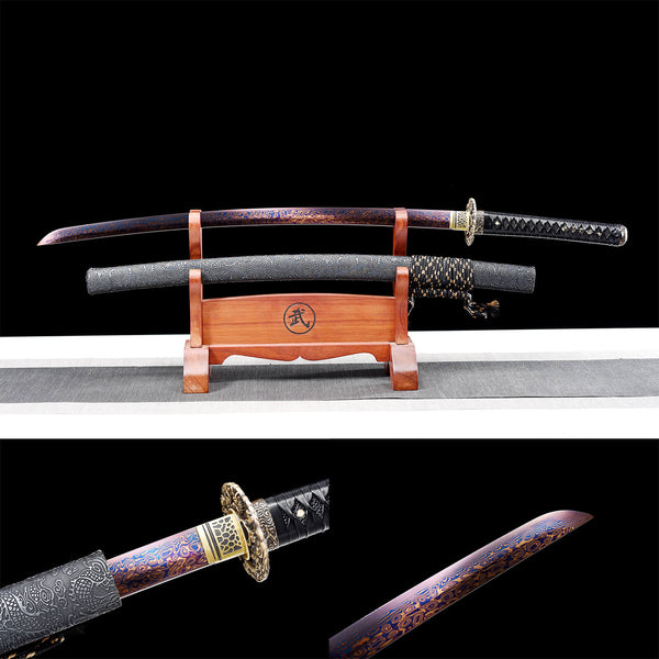 Handmade Japanese Samurai Katana Pattern Steel Baked Blue the Dragon Walks the World HWK44