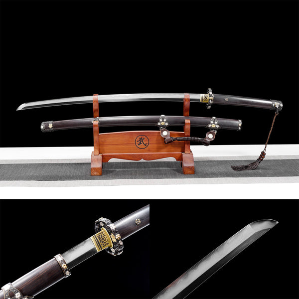 Katana samurái japonesa hecha a mano, acero, ébano, cobre tallado a mano con cuchillo Sakura de plata dorada HWB03