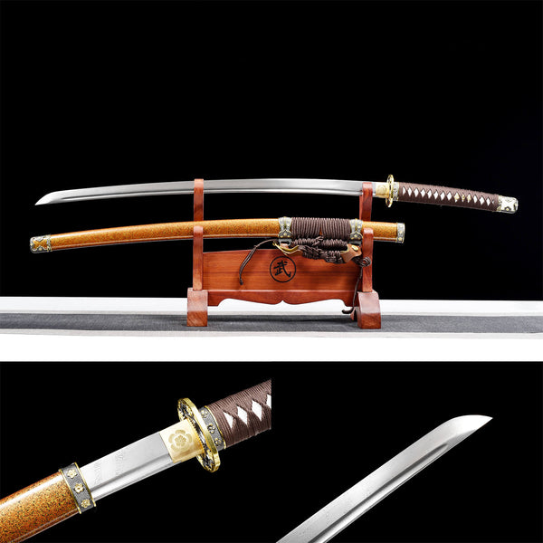 Handmade Japanese Samurai Katana Pattern Steel Solid Wood Lacquer Golden Pear Light Show HWK18