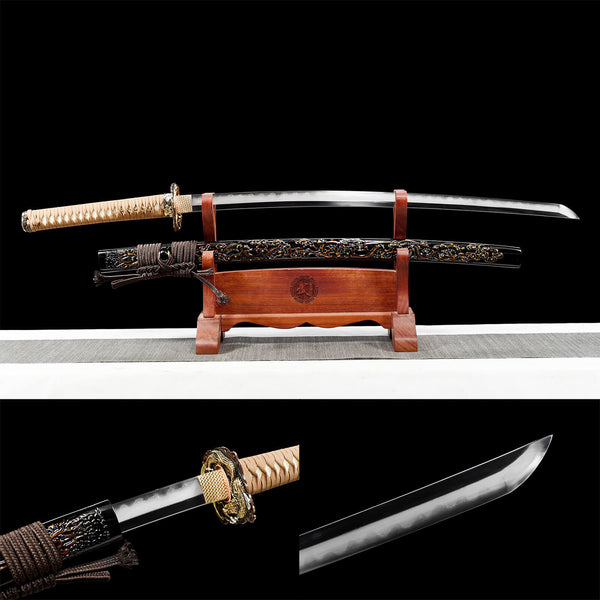 Samurai japonés hecho a mano Katana Manual puro Autorefinado Melaleuca Acero Antiguo francés Volt Forja Proceso compuesto Dragon Warrior HWB08