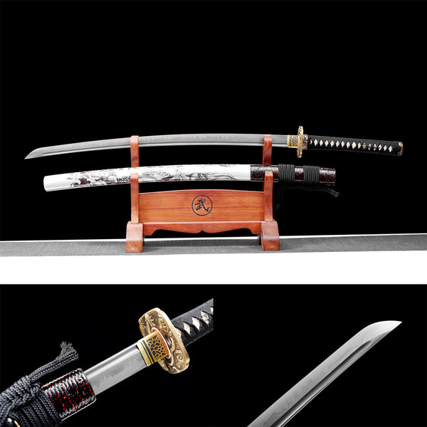 Handmade Japanese Samurai Katana T10 Steel Pearl Fish Skin Rope Red Hair Ghost HWK08