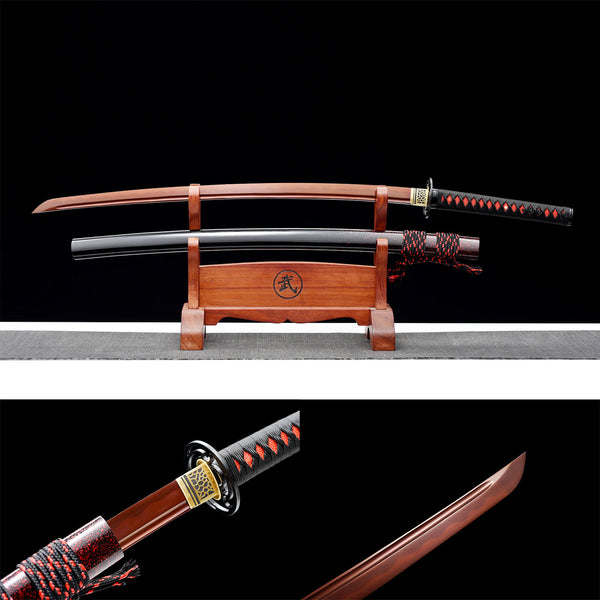 Handmade Japanese Samurai Katana T10 Steel Red Solid Wood Lacquer Sheath Kikuo Matsuda HWK69