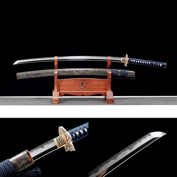 Samurai japonés hecho a mano Katana Tres piezas de acero conjunto Latón Oro Núcleo de madera Envuelto con piel de pez perla Zhong Kui Demonios embrujados HWB05