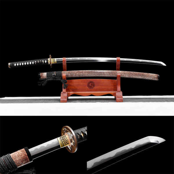 Katana samurái japonesa hecha a mano, acero revestido de hierro forjado, paquete completo, piel de pez perla marrón, Miyamoto Musashi HWB09
