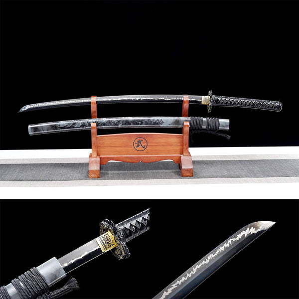 Katana de samouraï japonais fait à la main en acier au manganèse haute performance Dark Blak Dragon Soul HWK01