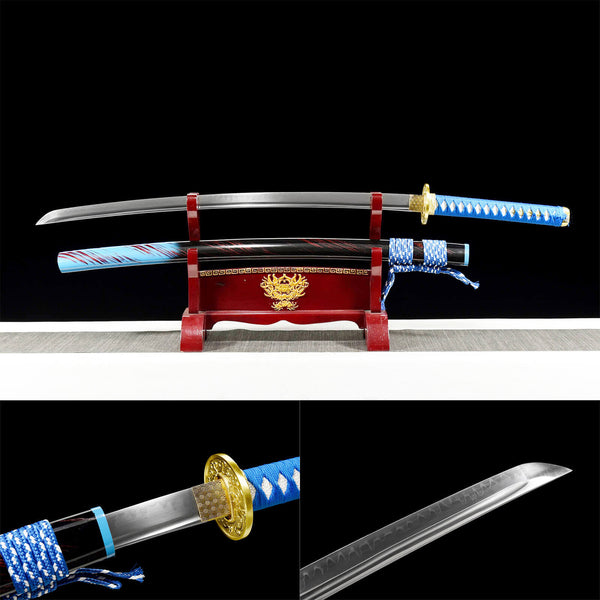 Katana samouraï fait à la main tout corps de couteau en acier T10 en cuivre recouvert d'une lame brûlante à la terre Blue Shadow HHK08