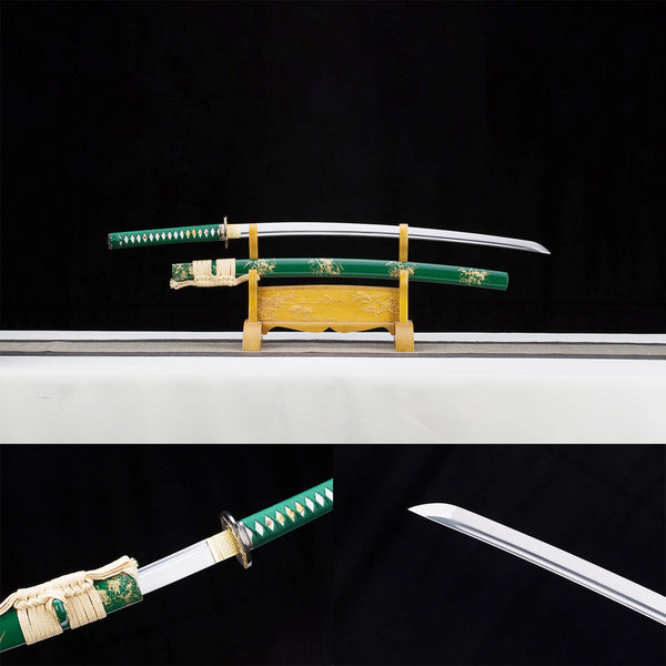 Katana samouraï fait à la main haute performance en acier au manganèse motif vert peinture en bois massif HTK09