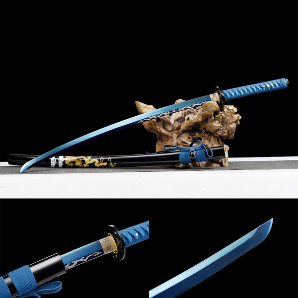 Katana de samouraï fait à la main haute performance en acier à ressort grillé Blue Crane Dragon HHK02