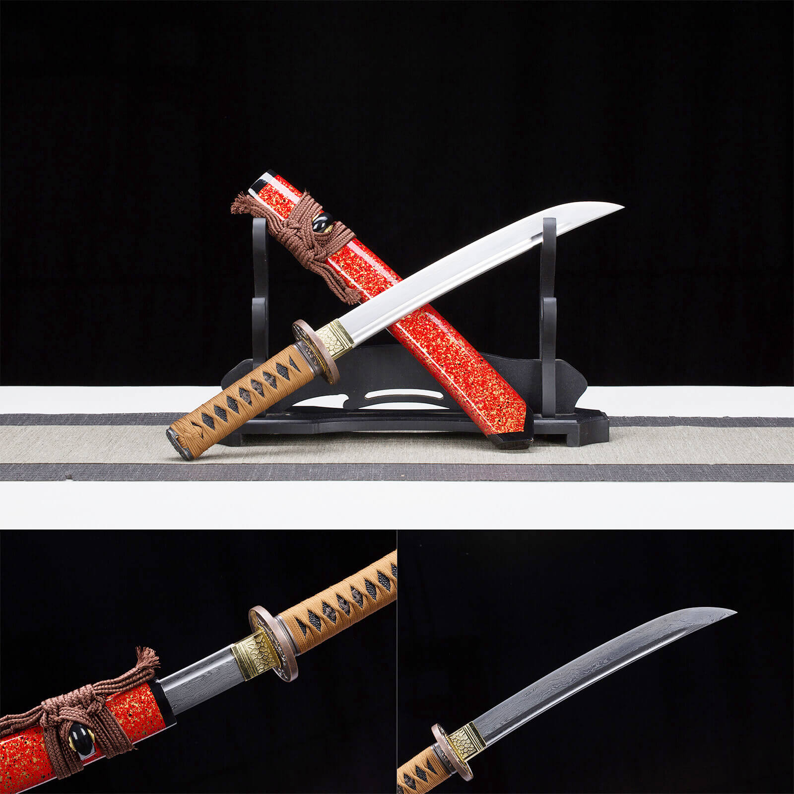 Handmade Samurai Katana Wakizashi Pattern Steel Green Skin Wood Red Pa ...