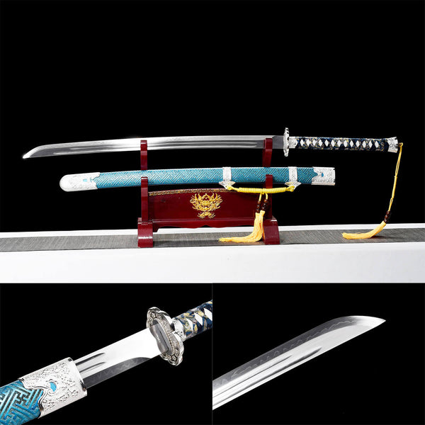 Katana samurái hecha a mano, funda de pintura de talla de madera maciza T10, cuchillo de resorte bordado de acero, espejo, flor, Luna HHK24