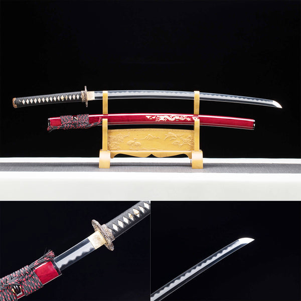 Katana de samouraï fait à la main trois couteaux en acier combinés incrustés de gaine de coquille en argent doré harnais HTB03