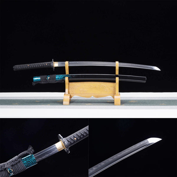 Katana de samouraï japonais fait à la main en acier T10 noir et bleu étincelant HTK01