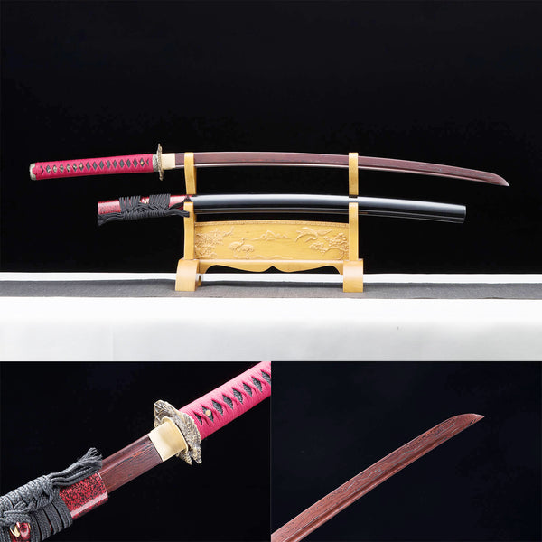 Fait à la main japonais samouraï Katana motif acier rouge couteau corps rouge corde HTK04